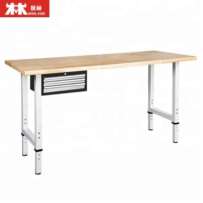 Wood Office Desk Stretchable Feet Metal Workbench Heavy Loading Bearing Cabinet With Rubber Timber Top And Drawers