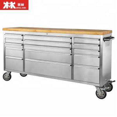 96 Inch Workshop Garage Metal Heavy Duty Drawer Tool Cabinet Trolley Workbench With 6 Wheels,2 Brakes And Rubber Timber Desk