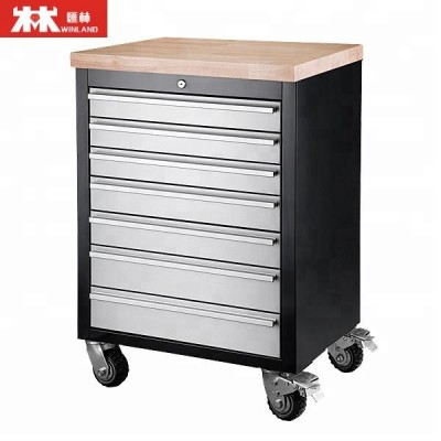 Workshop Garage Metal Heavy Duty Drawer Tool Cabinet Trolley Workbench With 4 Wheels,2 Brakes And Rubber Timber Desk