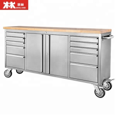 72 Inch Workshop Garage Metal Heavy Duty Drawer Tool Cabinet Trolley Workbench With 6 Wheels,2 Brakes And Rubber Timber Desk