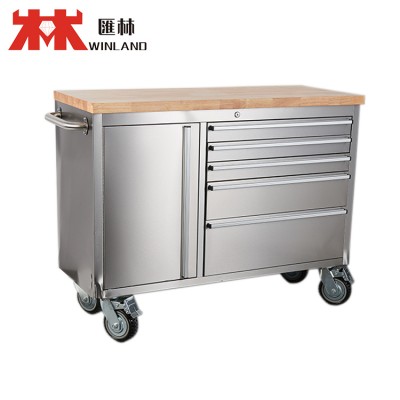 High Weight Capacity Tool Cabinet/Trolley/Chest With Brake Wheel, Fingerprint Proof Stainless Steel, Rubber Timber Top