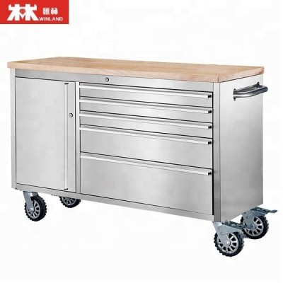 48 Inch Workshop Garage Metal Heavy Duty Drawer Tool Cabinet Trolley Workbench With 4 Wheels,2 Brakes And Rubber Timber Desk